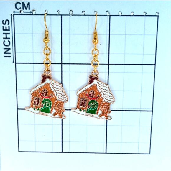 Gingerbread house dangle earrings — holiday Christmas jewelry - Picture 3 of 4